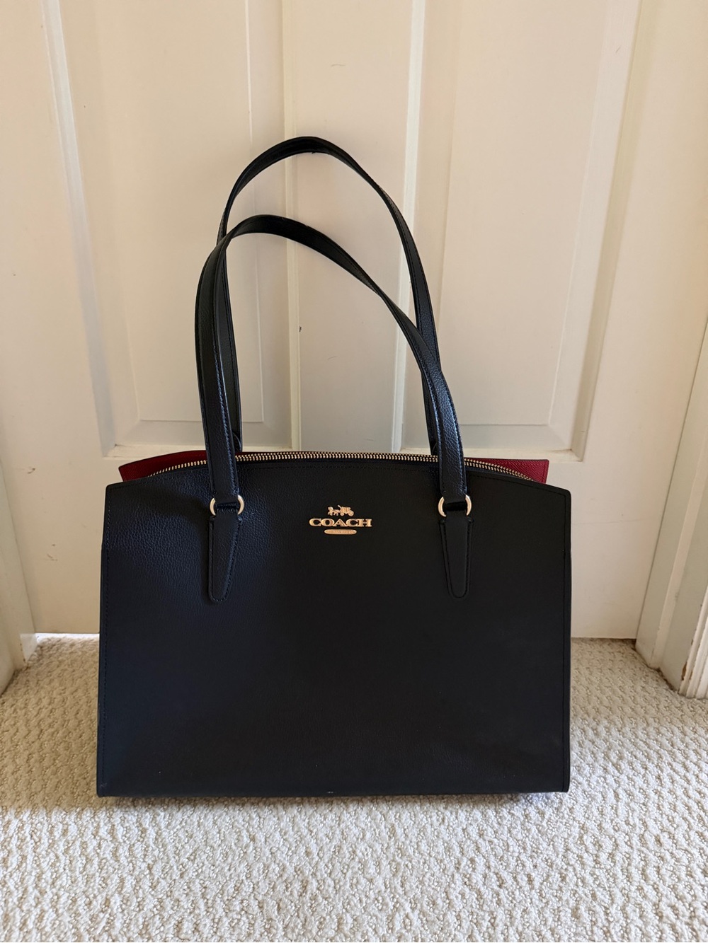 Coach Black Leather Tote with Red Accent